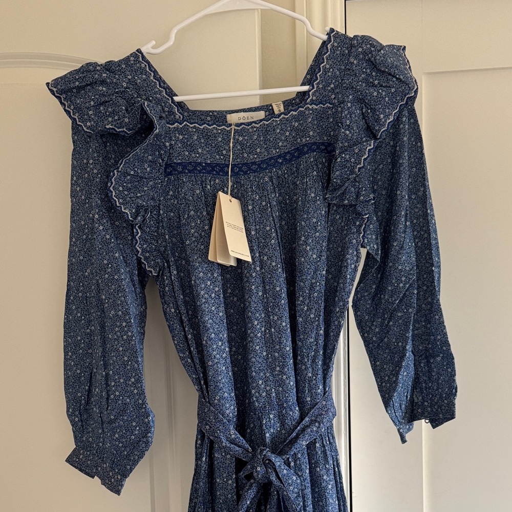Doen Blue Floral Long Sleeve Ruffled Dress